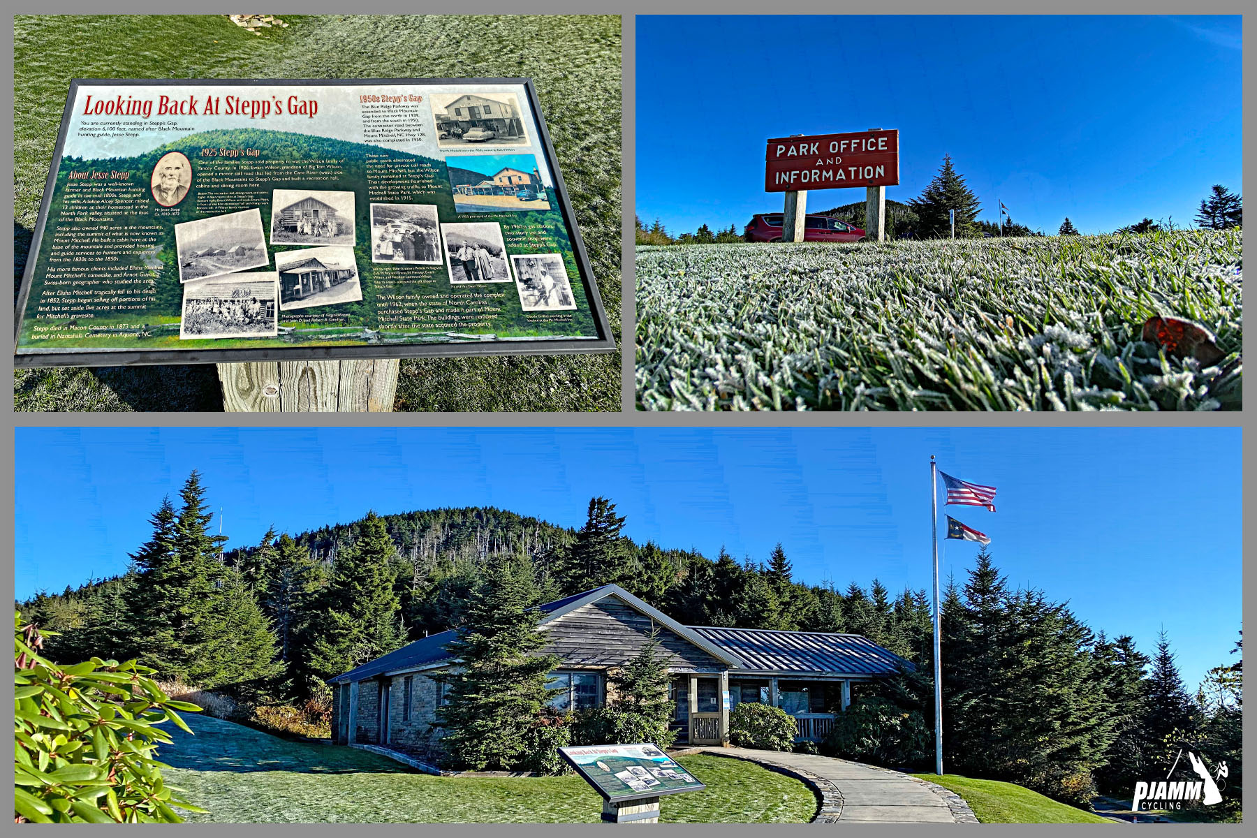 Cycling Mt. Mitchell, North Carolina - informational sign at Stepp's Gap, sign for Park Office and Information