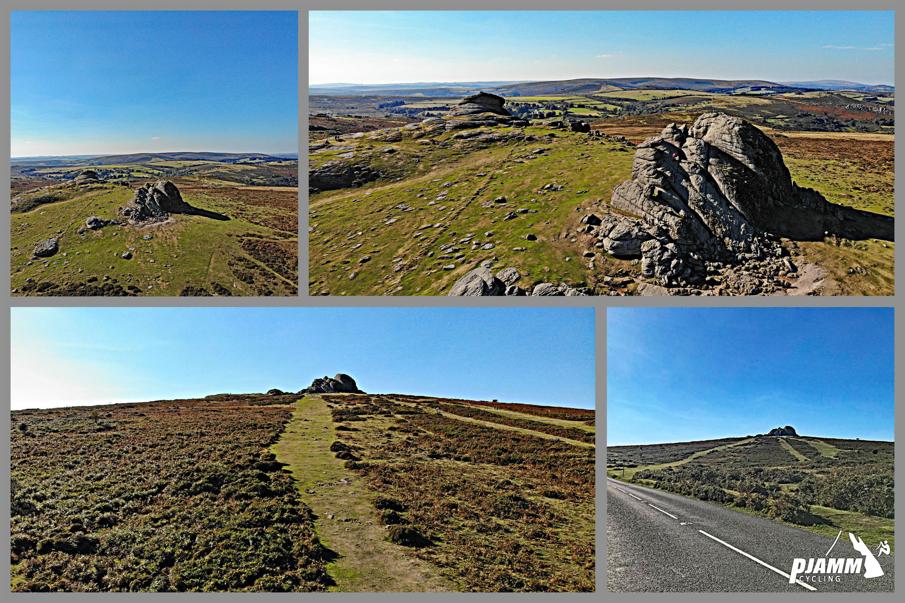 Cycling Haytor Vale - views from climb summit looking down upon large rock formation atop hillside, blue sky, two lane road
