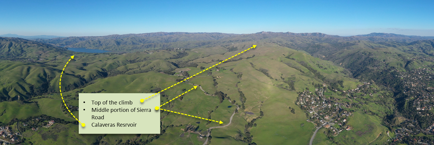 Bike ride up Sierra Road San Jose, roadway, trees, steep drop - aerial drone photo