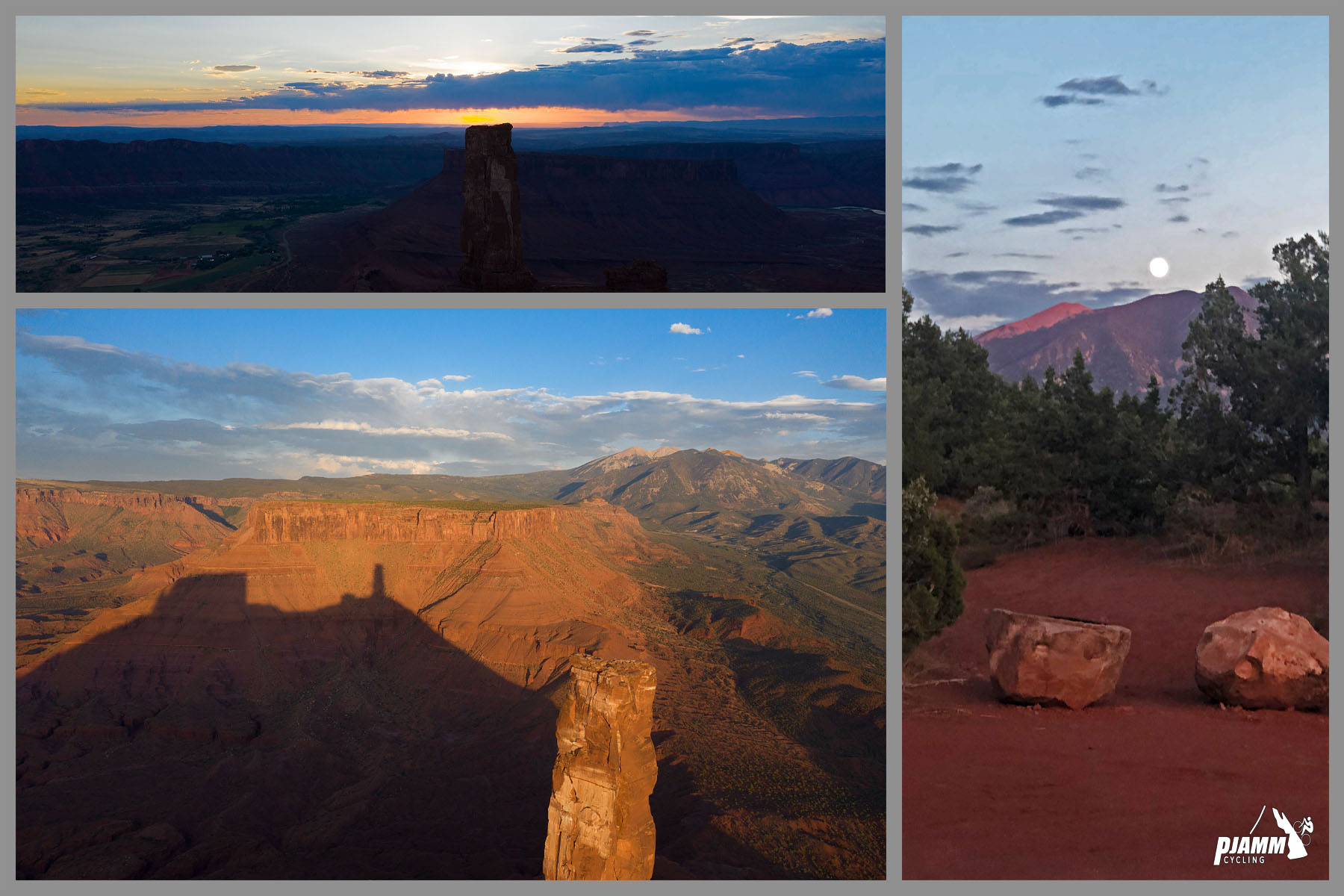 Cycling La Sal Loop Road at Castle Valley - photo collage, PJAMM Cycling logo in corner, views from Castleton Tower hike at sunset