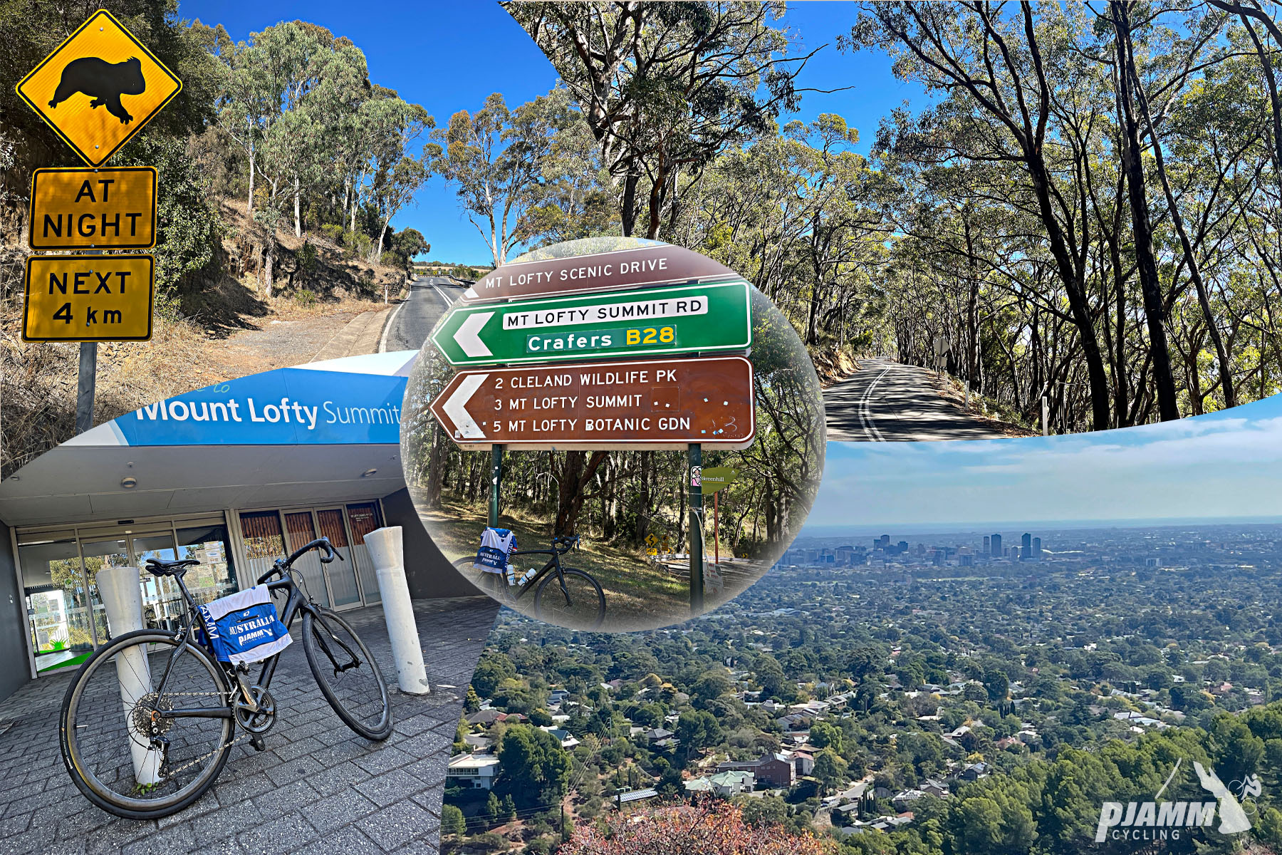 photo collage shows animal crossing signs, road signs for Mt. Lofty Summit; bike parked in front of summit sign, view looking down from climb summit on Adelaide region