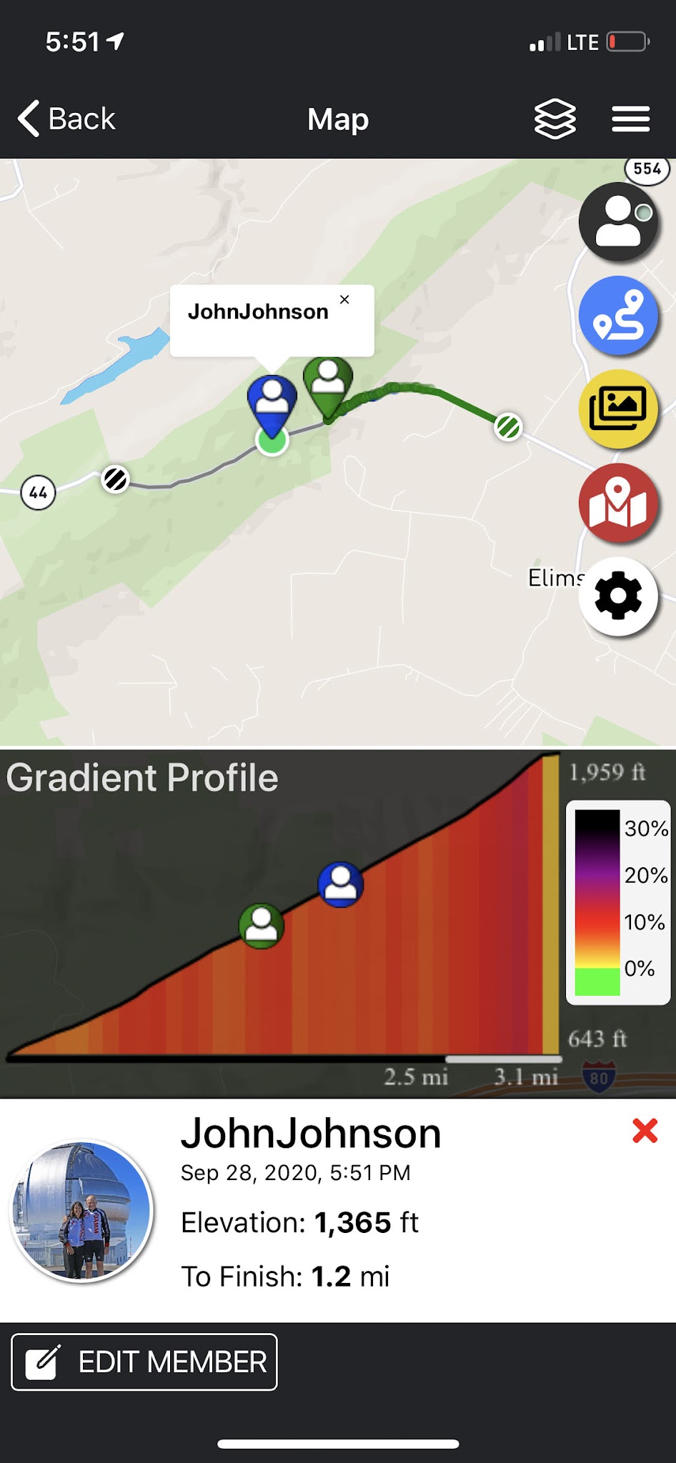 Cycling Route 44 East, Pennsylvania - PJAMM Adventure App showing climb's gradient and profile