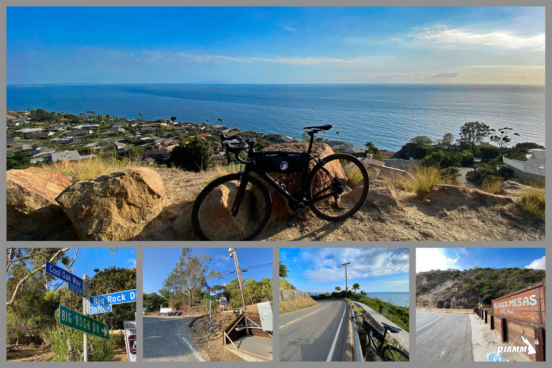 Cycling Big Rock Drive to Stunt Road - Big Rock Road before the Santa Monica Conservancy Parkland,  bike parked against rocks overlooking pacific ocean