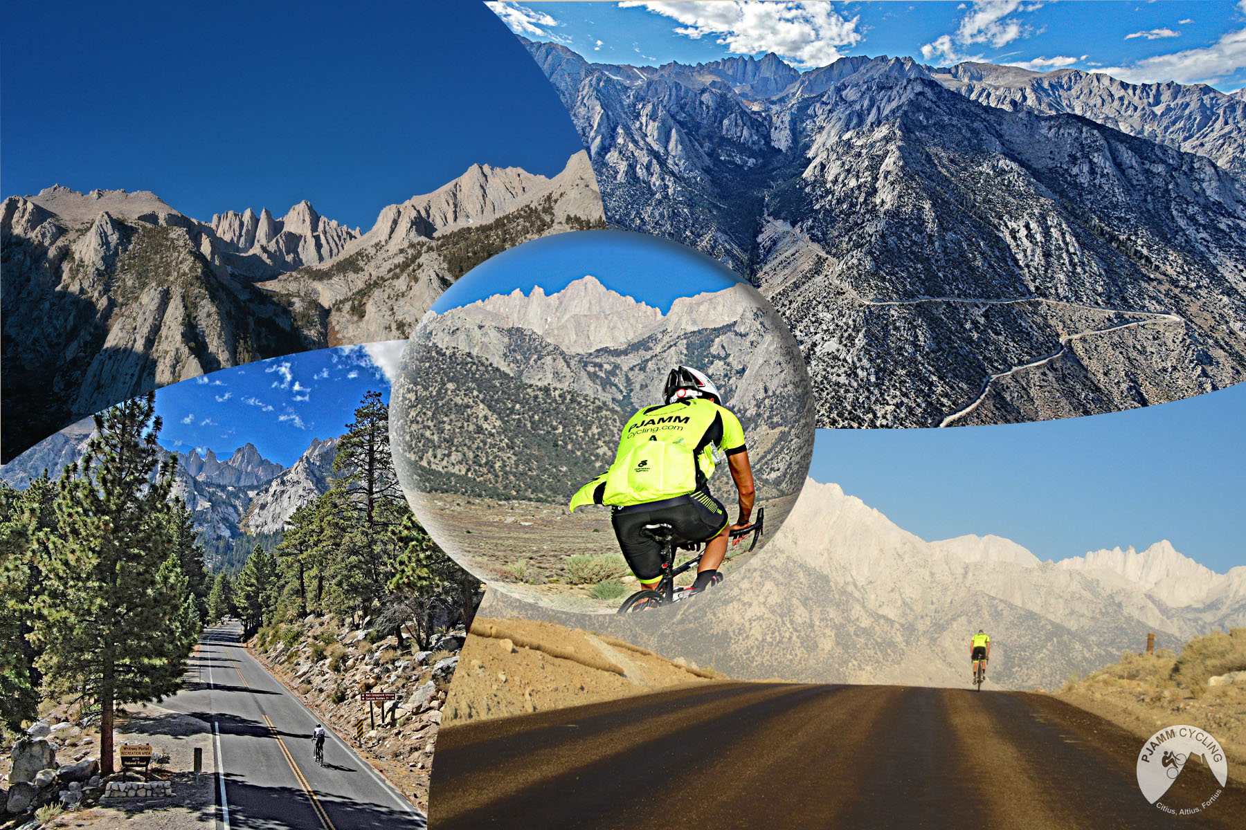 Mt. Whitney and Whitney Portal, Owens Valley Photo collage of PJAMM Cyclist Taylor Hocket at points along his ride from Badwater to Whitney Portal and the hike to Mt. Whitney's summit