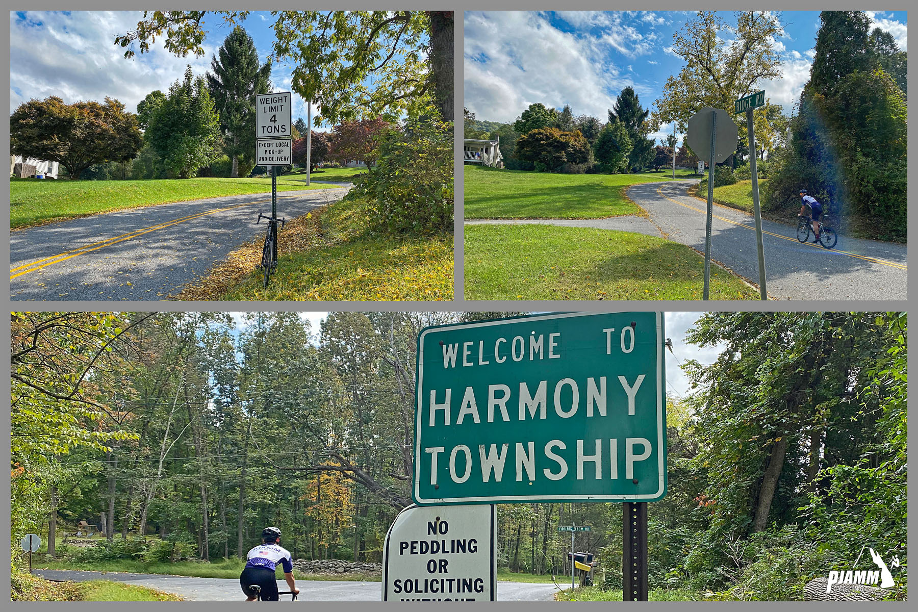 Cycling Fiddlers Elbow, New Jersey - photo collage, sign for harmony Township, bike parked against road sign on side of road, PJAMM Cycling logo in corner