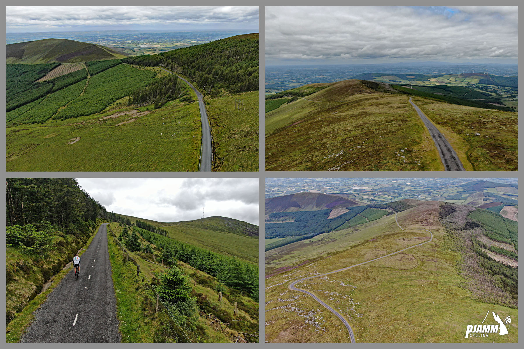 photo collage shows aerial drone view of end portion of climb; PJAMM Cyclist rides on long stretches of two-lane roadway; green hillsides surround