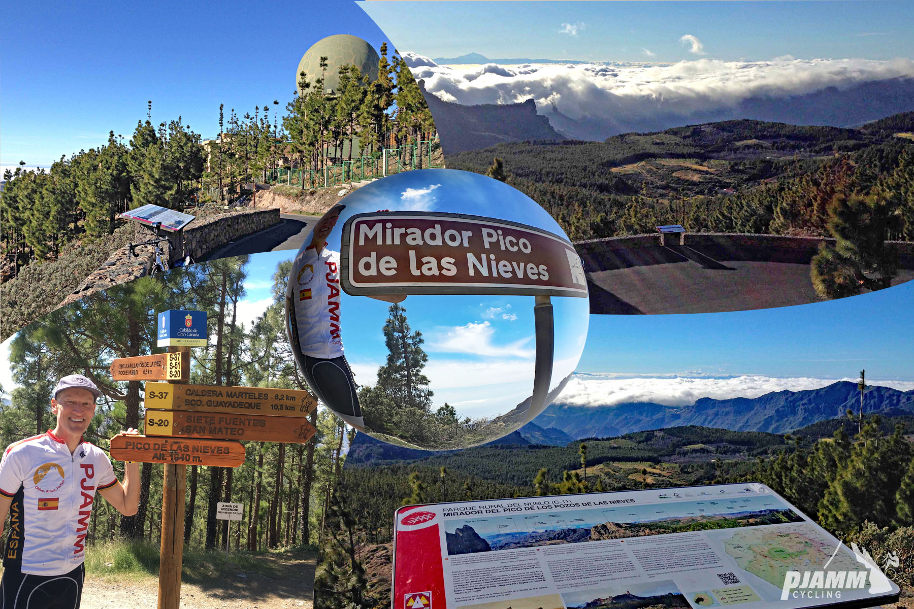 photo collage shows sign for Mirador Pico de las Nieves, alpine setting, PJAMM cyclist standing next to informational signs, plateau along climb route