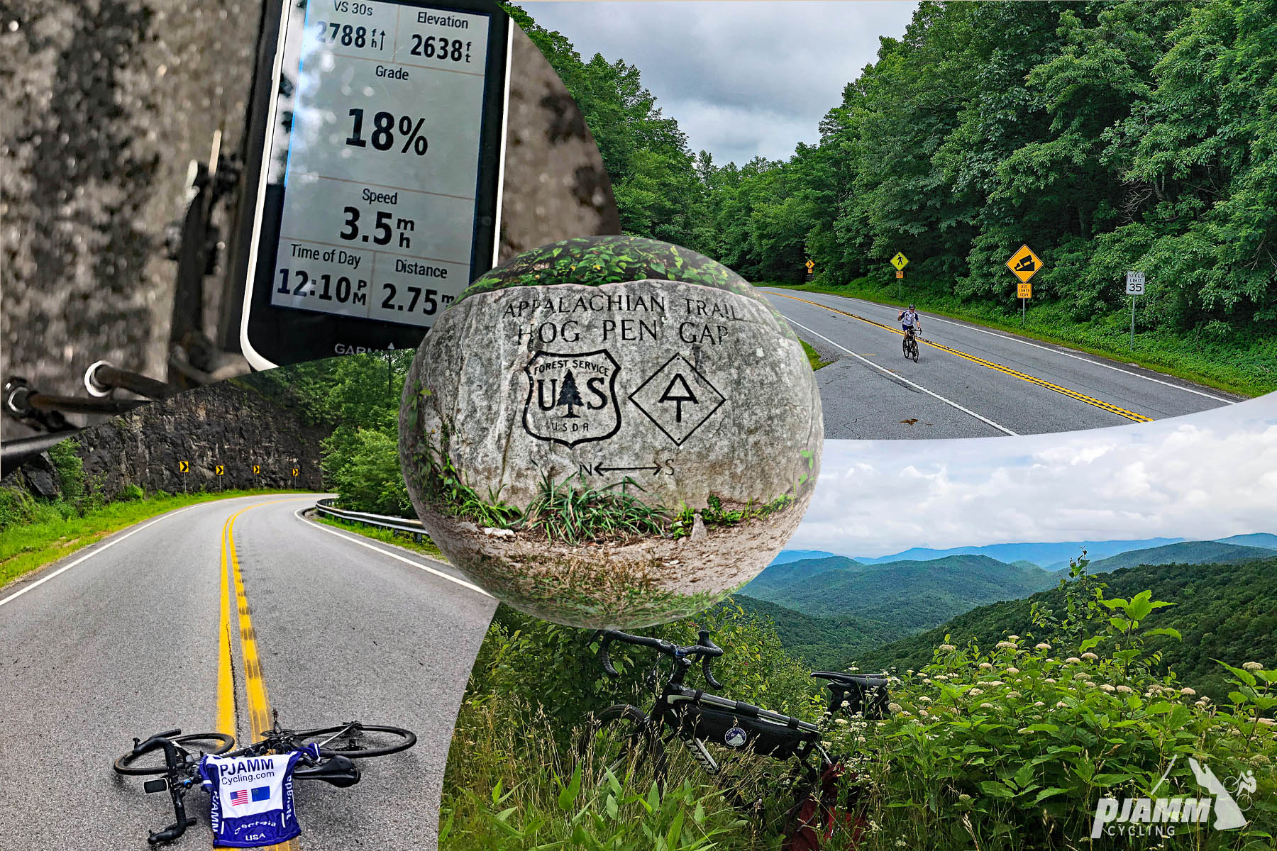 Cycling Hogpen Gap West - photo collage, Garmin device showing 18% grade, cyclist riding on road surrounded by lush and dense green foliage, bike leaning against wooden rail overlooking green ridge line with wild flowers in foreground, bike laying in the middle of a two lane road, with PJAMM cycling jersey draped over seat, Appalachian Trail Hogpen Gap US Forestry service sign