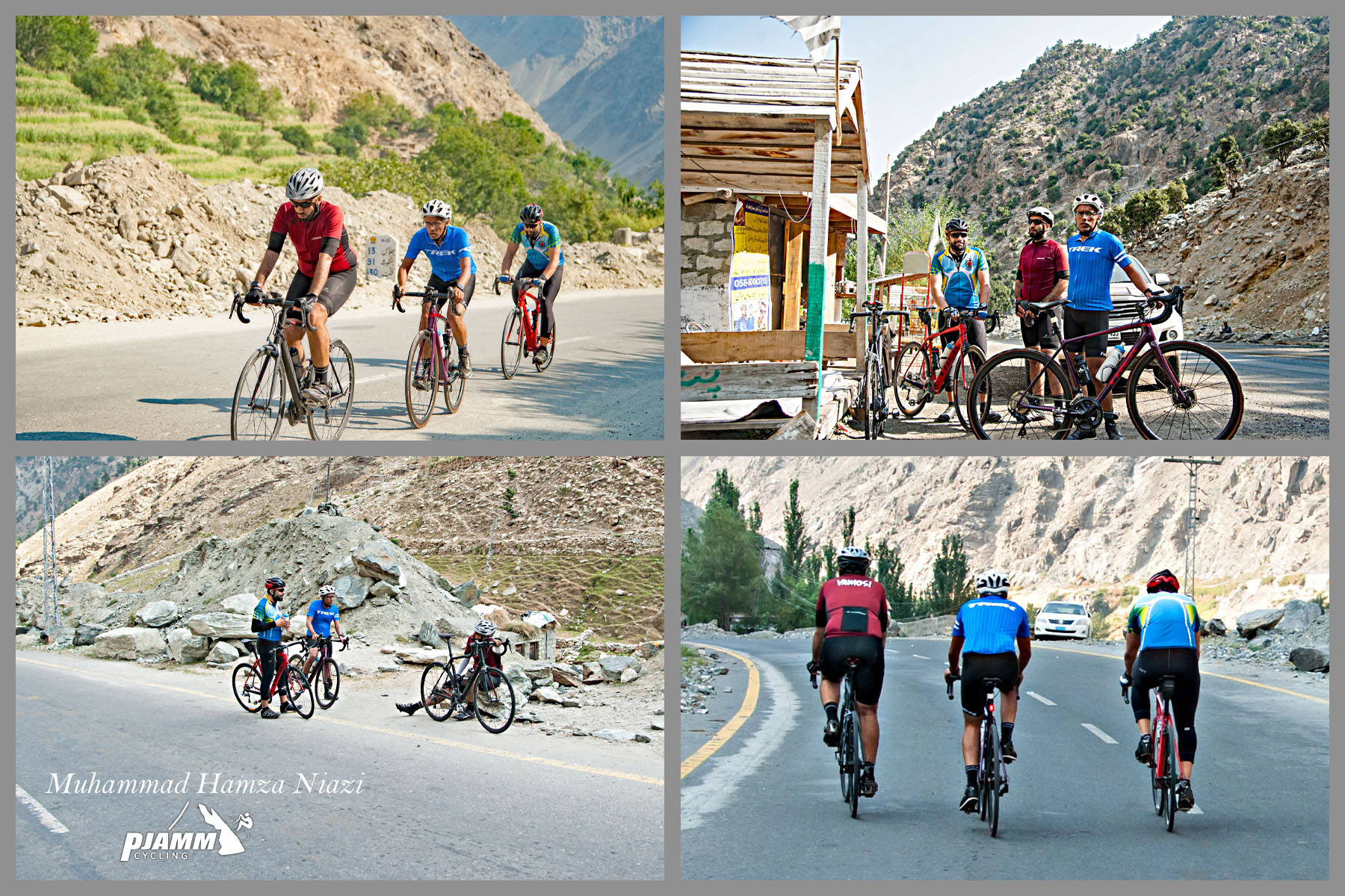 Chilas to Babusar, Pakistan - photo collage, PJAMM Cycling logo in corner, cyclists along the Babusar climb