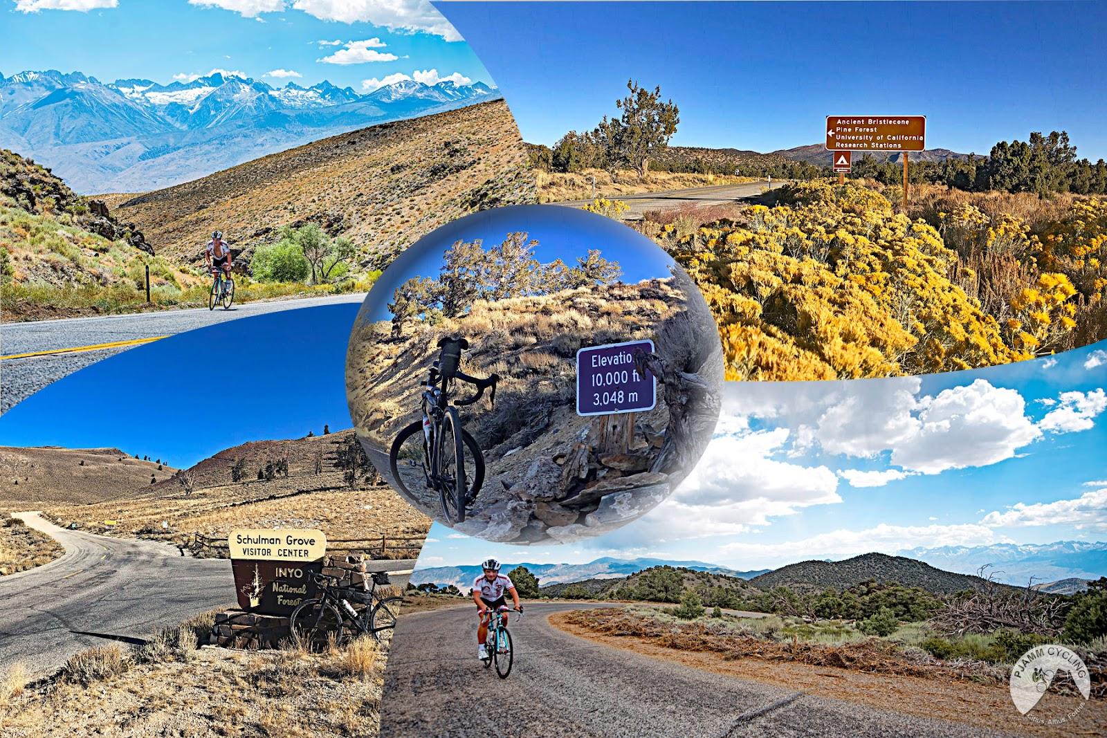 Bike climb of White Mountain, Owens Valley - cyclist gives thumbs up on road with mountains in background