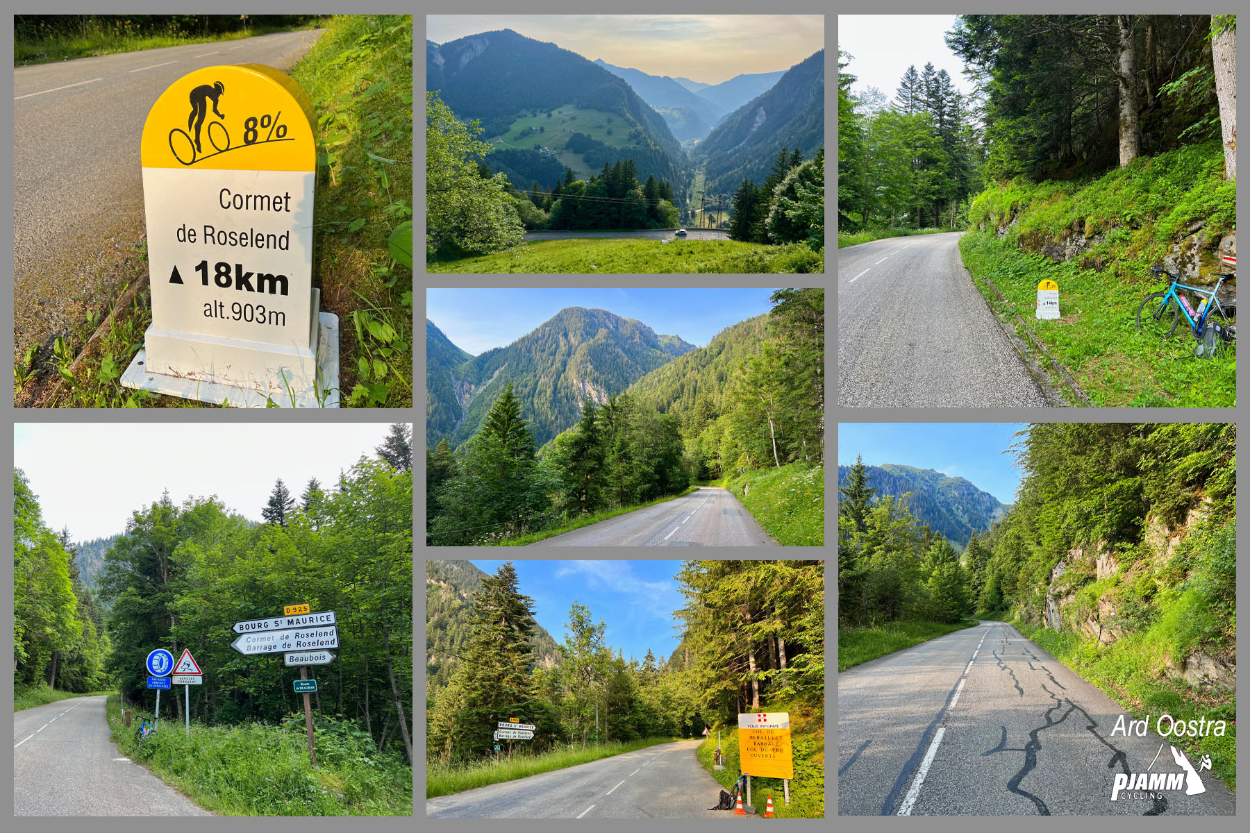 photo collage shows lush green forestation and grasses lining two-lane roadway; Tour de France kilometer marker shows 8% grade at km 18