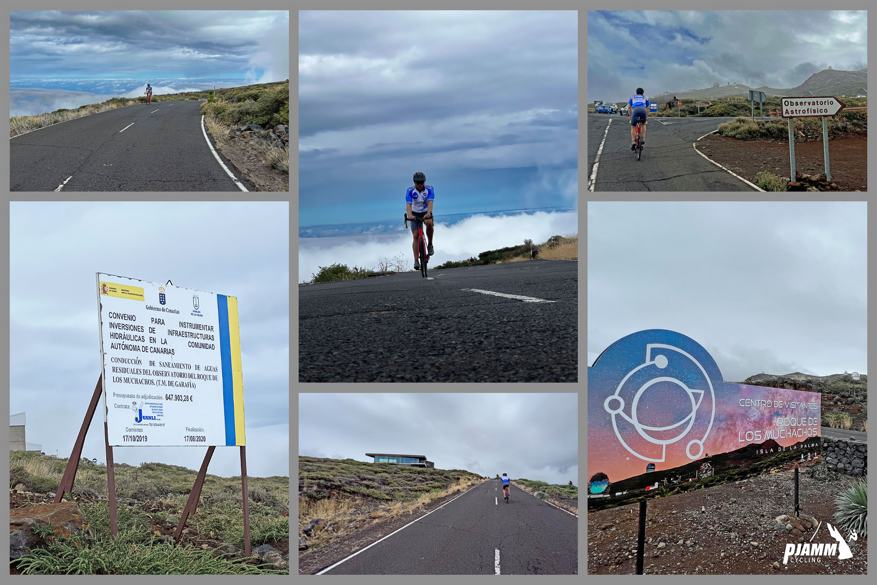 photo collage shows PJAMM cyclist riding on two-lane highway roadway approaching the turnoff to Roque de los Muchachos Road; road signs