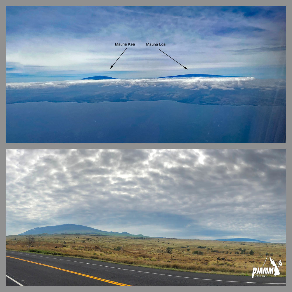 Mauna Kea as seen from the airplane and from Waikoloa Road
