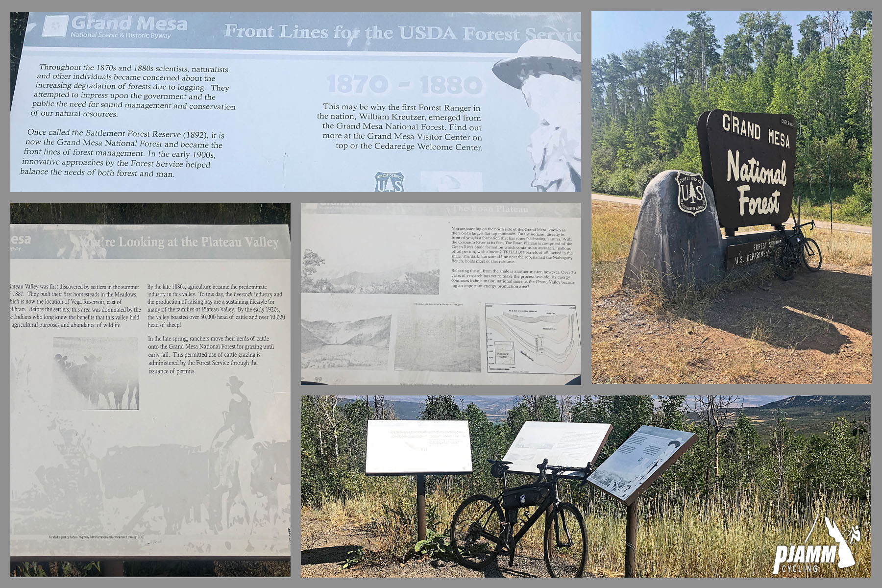 Cycling Grand Mesa North - photo collage, PJAMM Cycling logo in corner, informational signs regarding USDA Forest Service, NPS sign for Grand Mesa National Forest