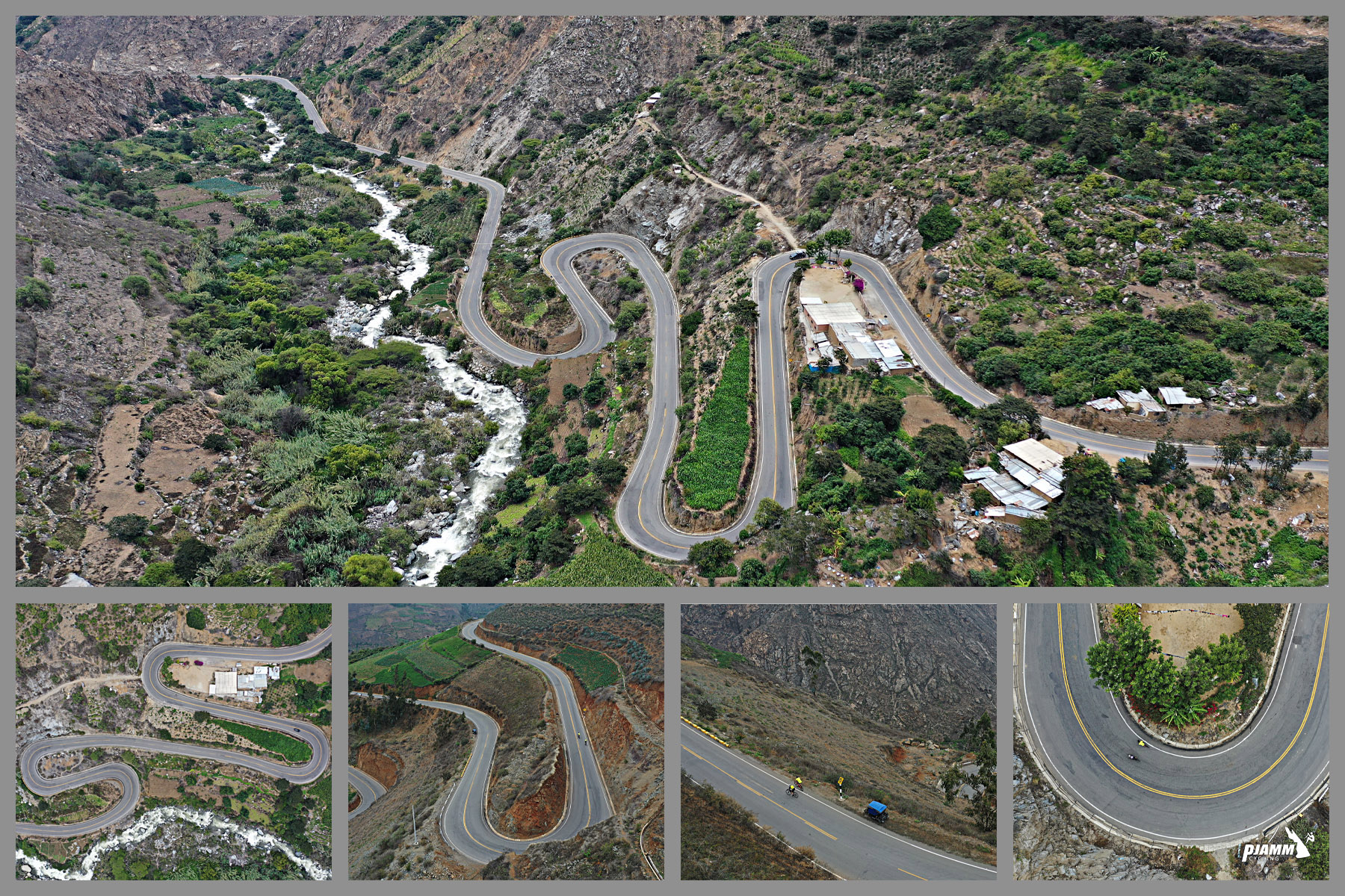 Cycling Punta Callan East, Peru - photo collage shows aerial views of hairpins along the climb